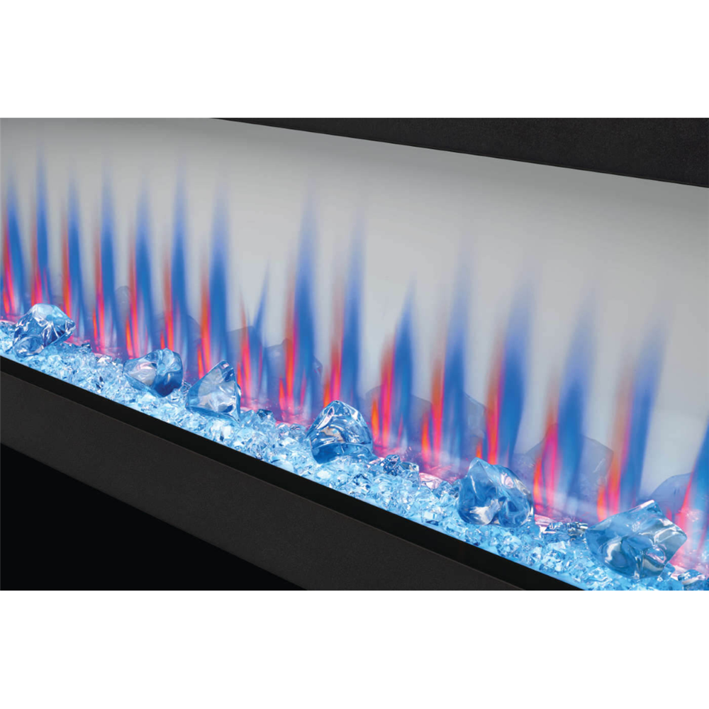 Electric fireplace with colorful flames and crystal-like rocks on a white background