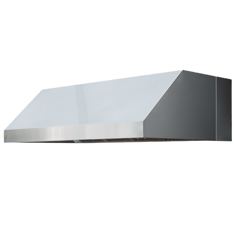 Stainless steel range hood on a white background