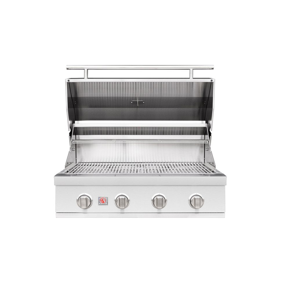 A stainless steel outdoor gas grill with four control knobs and an open lid, shown against a plain white background.