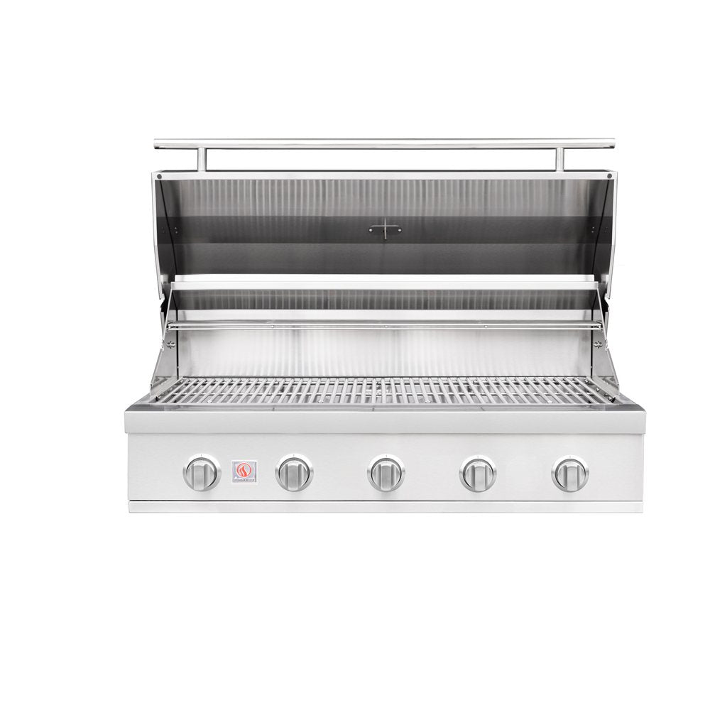 A stainless steel outdoor gas grill with five control knobs and an open lid, shown against a plain white background.