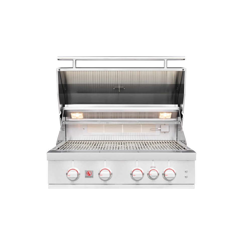 A stainless steel outdoor gas grill with its lid open, featuring a grilling grate, built-in shelving, two burners with red control knobs on the front, and two additional knobs above them.