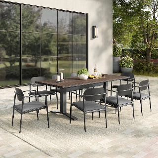 Outdoor dining set with a table and chairs on a patio