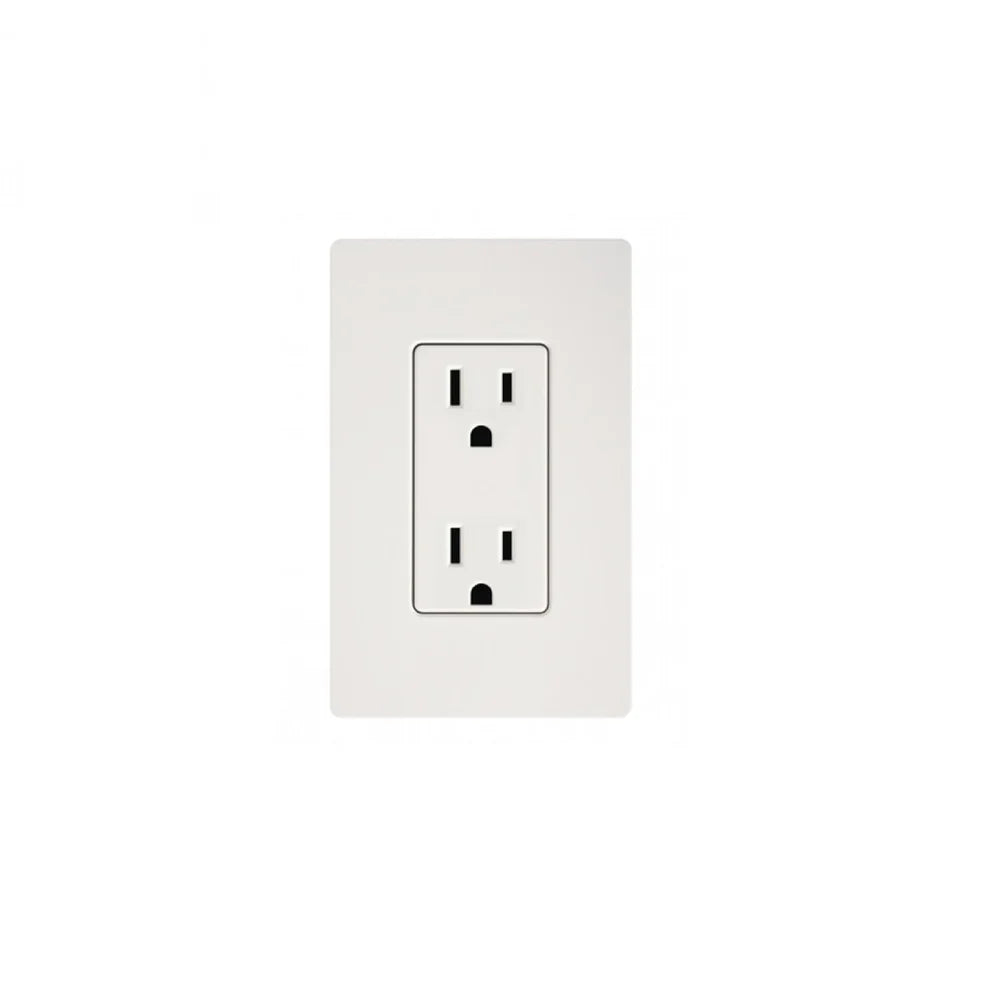 A white wall outlet with a black faceplate insert, shown against a solid white background.