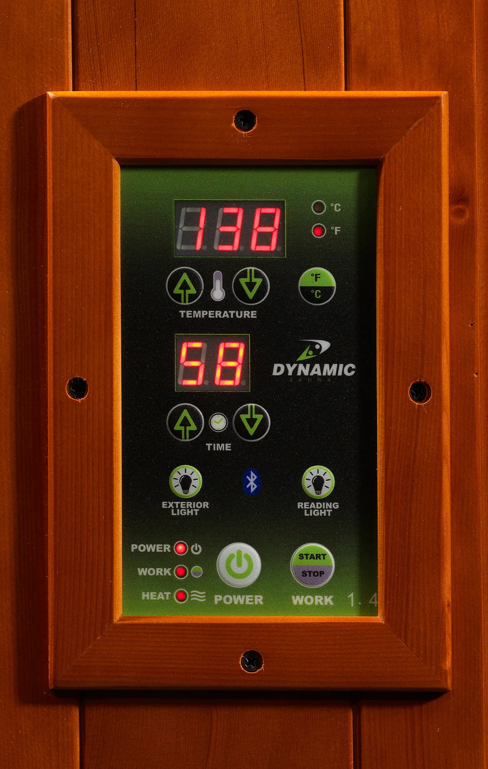 Digital control panel with various indicators on a wooden background
