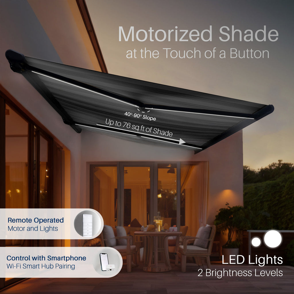 Italian Series 10x8 ft Motorized Patio Awning — Black Gray Stripe