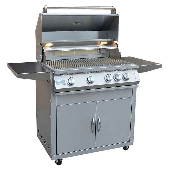 Stainless steel grill with four burners on a white background