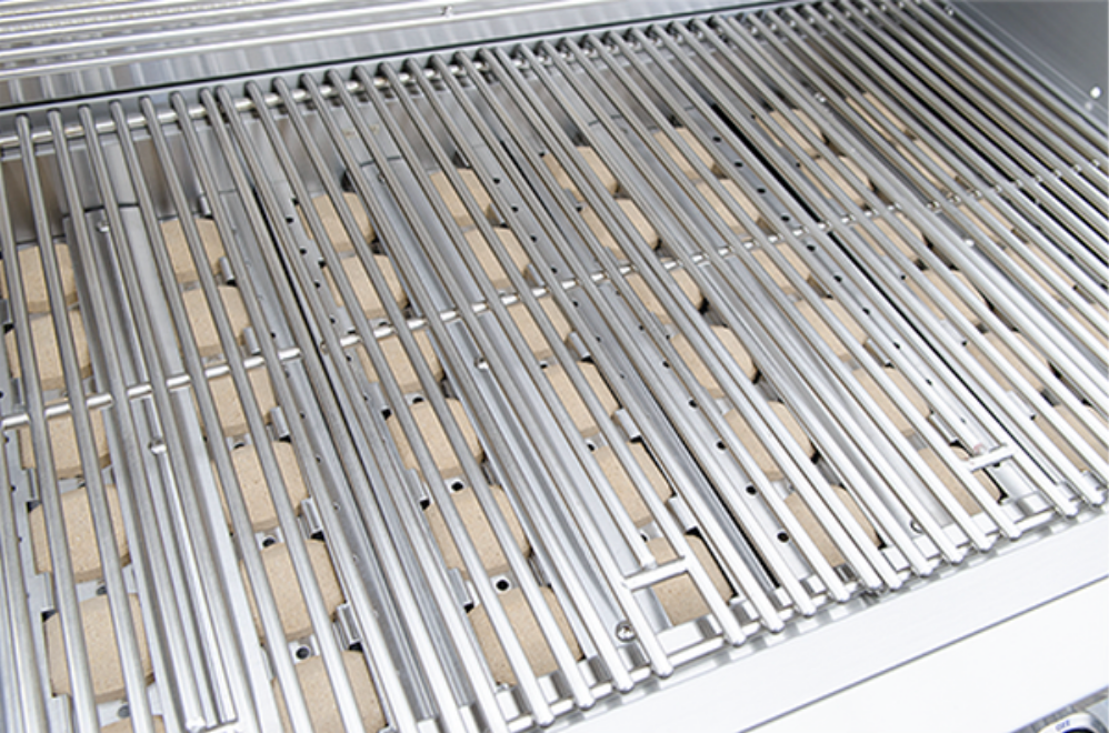 Close-up of a stainless steel grill grate on a barbecue