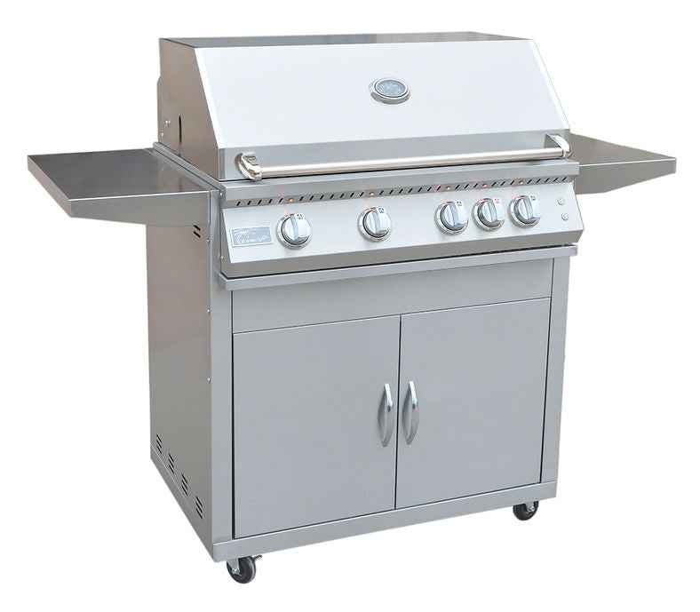 Stainless steel barbecue grill with four burners on a white background
