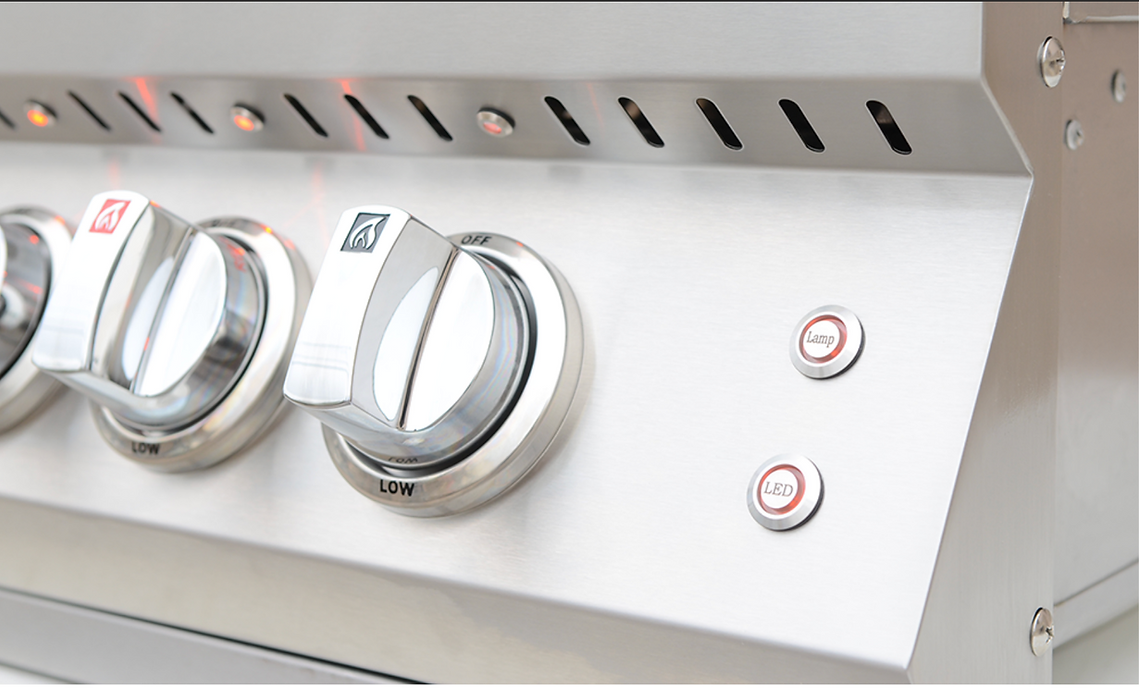 Stainless steel gas grill with control knobs and burners