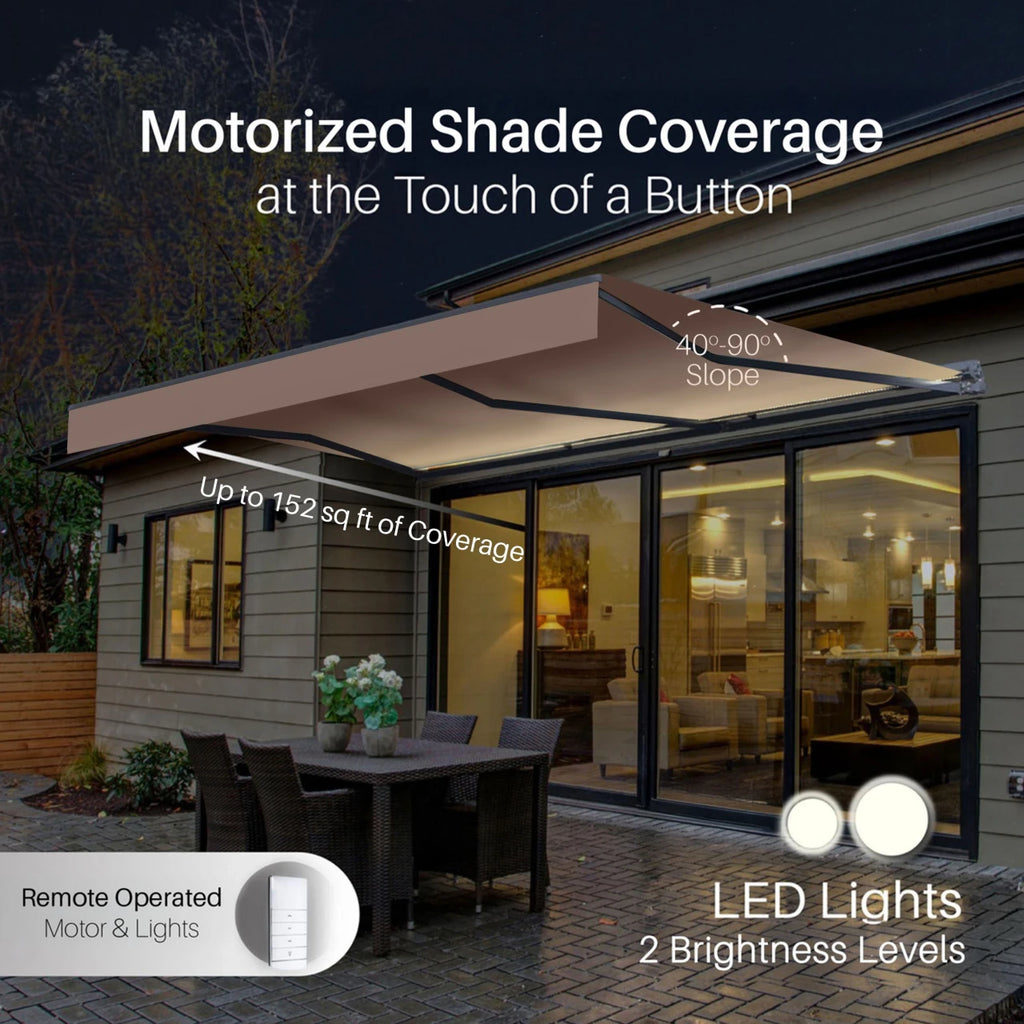 Motorized patio shade cover extended over a house exterior at night, with text overlays showing coverage area, slope angle, remote operation, and LED lighting features.
