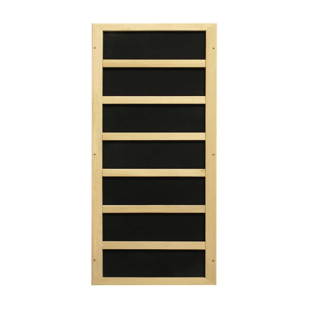 Wooden ladder shelf with black rungs on a white background