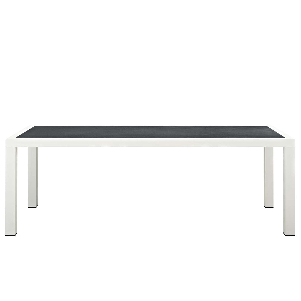 Rectangular table with black top and white legs on a white background