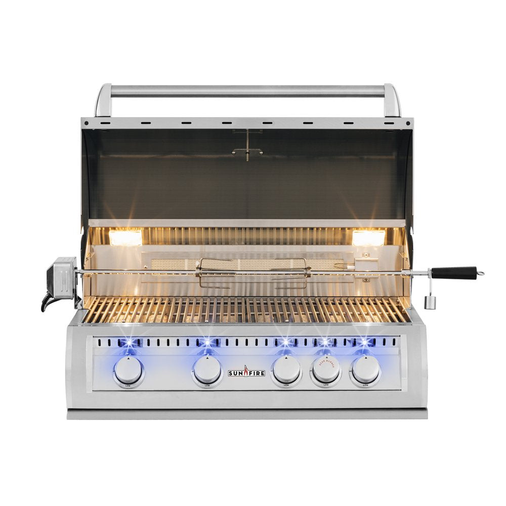 Stainless steel grill with glowing interior on a white background