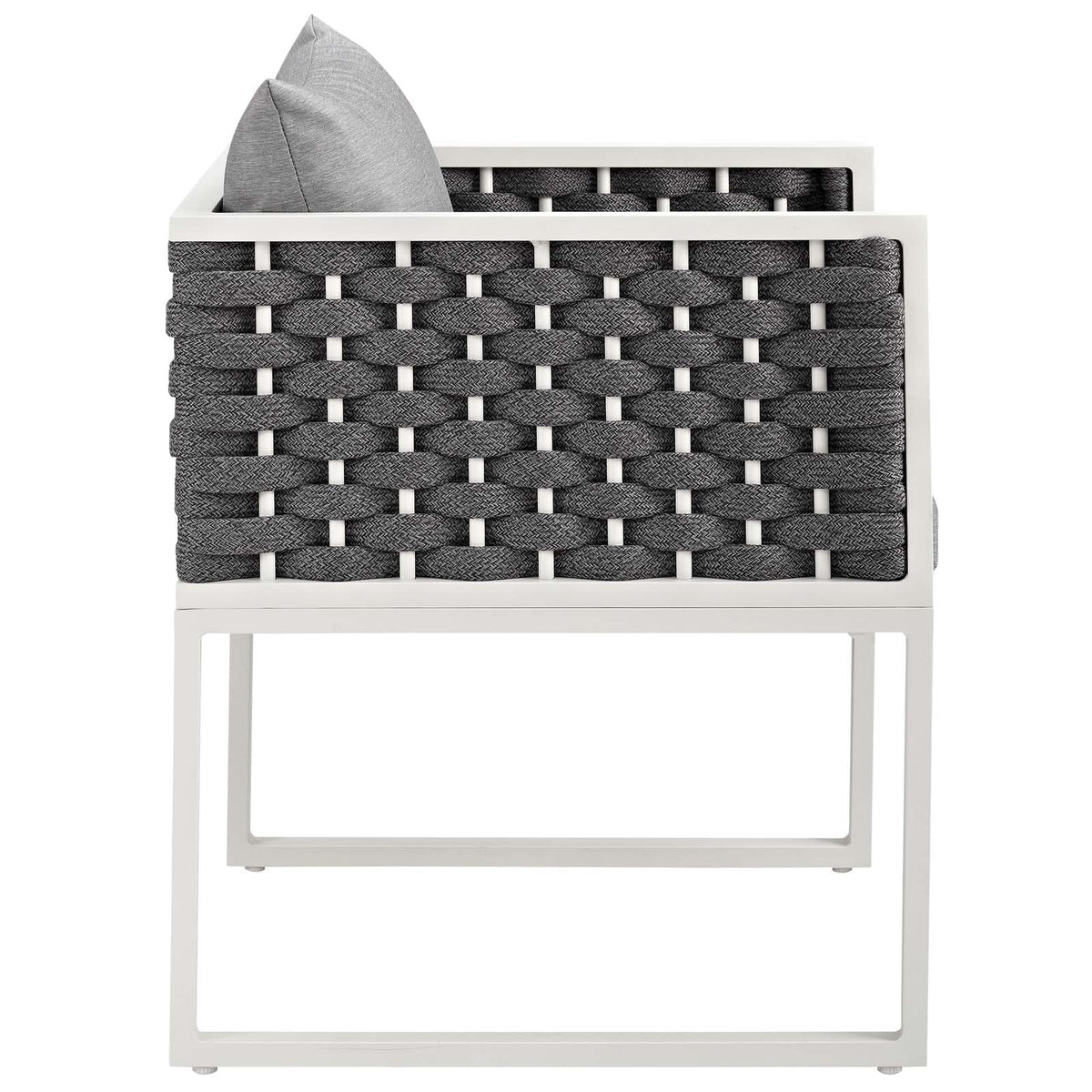 Woven chair with gray cushion on a white background