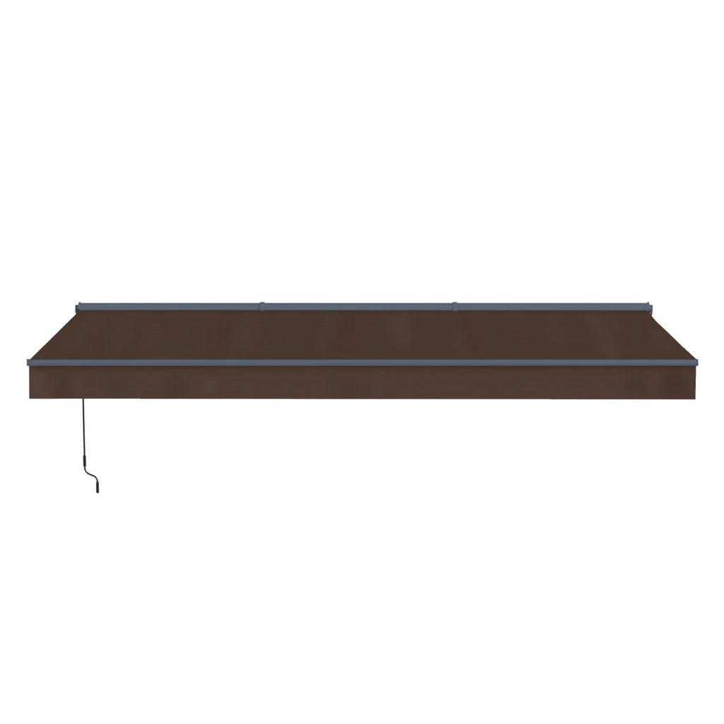 A dark brown retractable awning with a gray metal frame and a hanging black pull chain, shown against a plain white background.