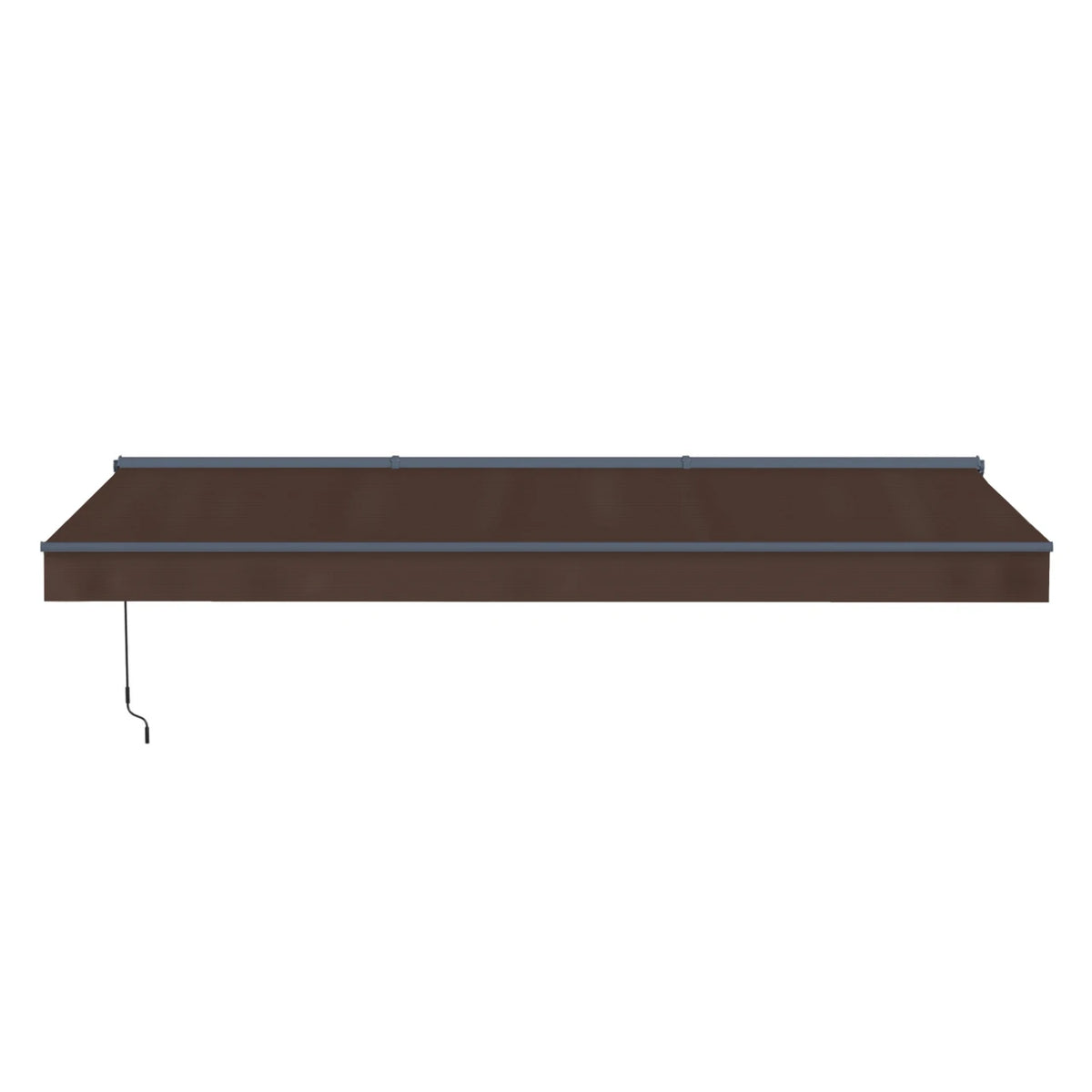 A dark brown retractable awning with a gray metal frame and a hanging black pull chain, shown against a plain white background.