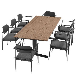 Wooden outdoor table with black chairs on a white background