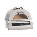 Stainless steel outdoor pizza oven with digital display on a white background