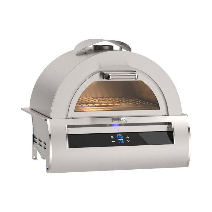 Stainless steel outdoor pizza oven with digital display on a white background