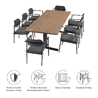 Outdoor furniture set with a wooden table and black chairs on a white background