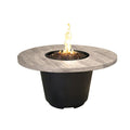 Fire pit table with a wooden top and black base on a white background