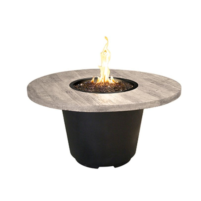 Fire pit table with a wooden top and black base on a white background
