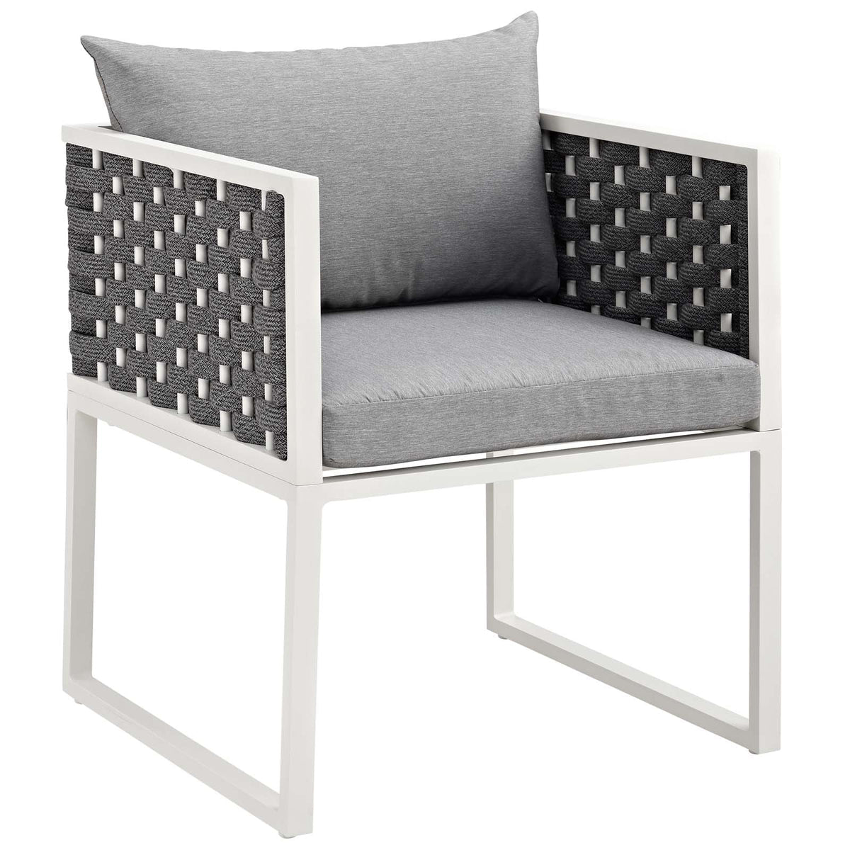 Chair with gray cushions and woven backrest on a white background