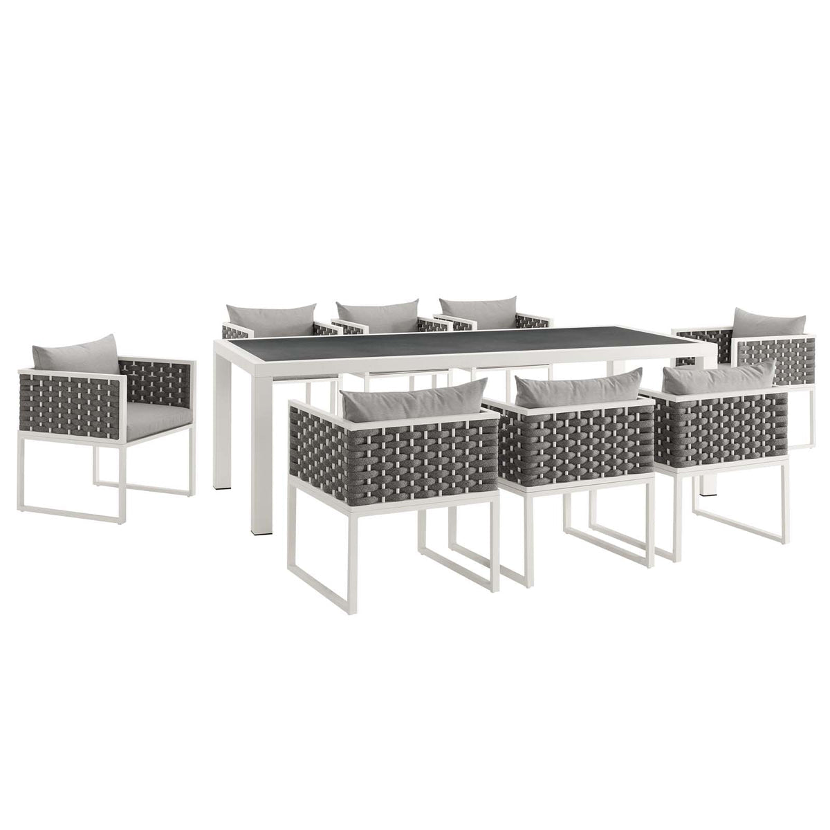 Outdoor furniture set with a table and chairs on a white background