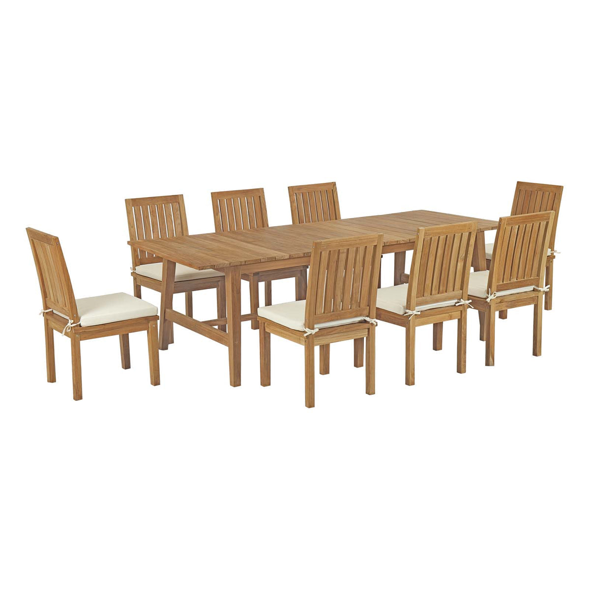 Wooden dining table set with chairs on a white background