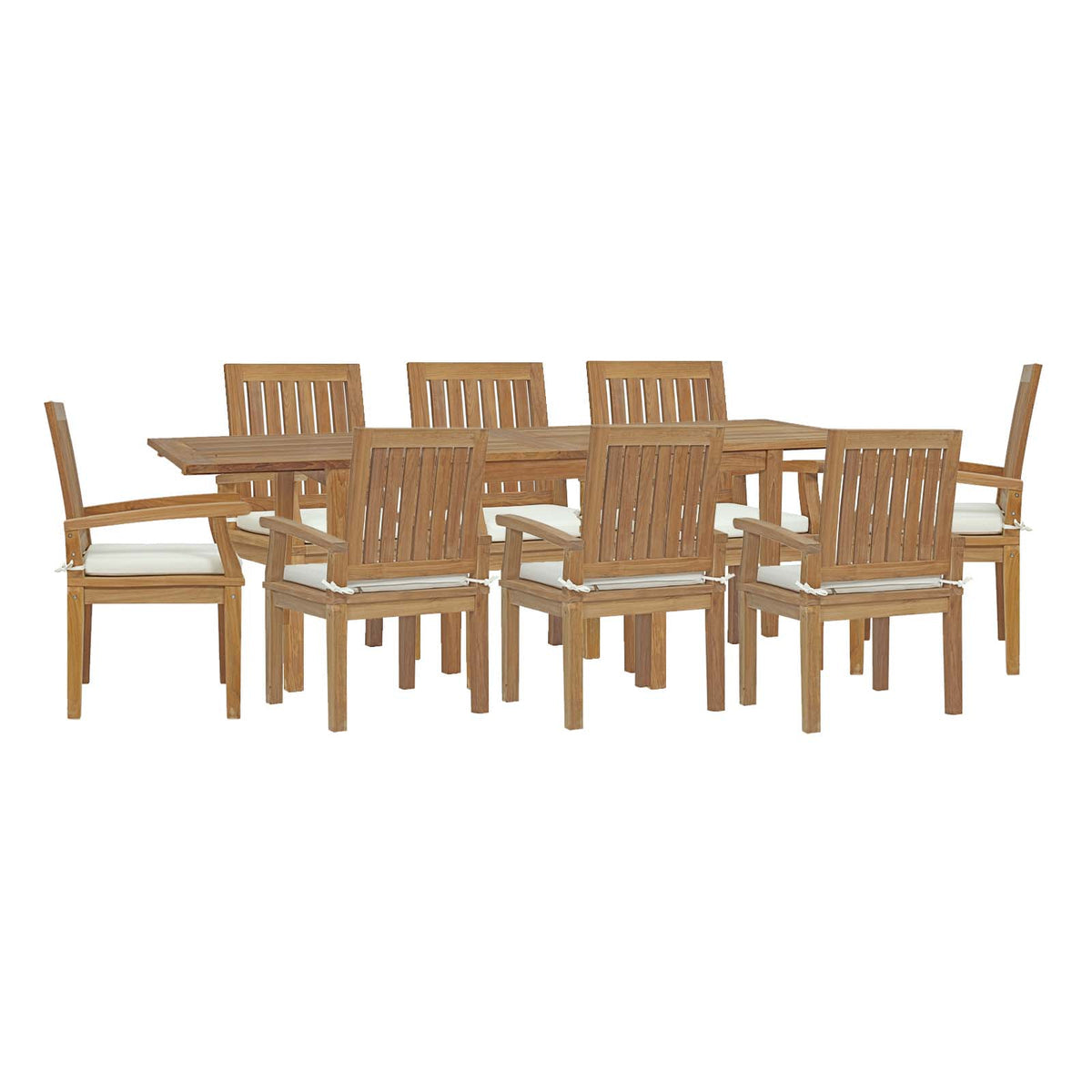 Wooden outdoor dining set with table and chairs on a white background