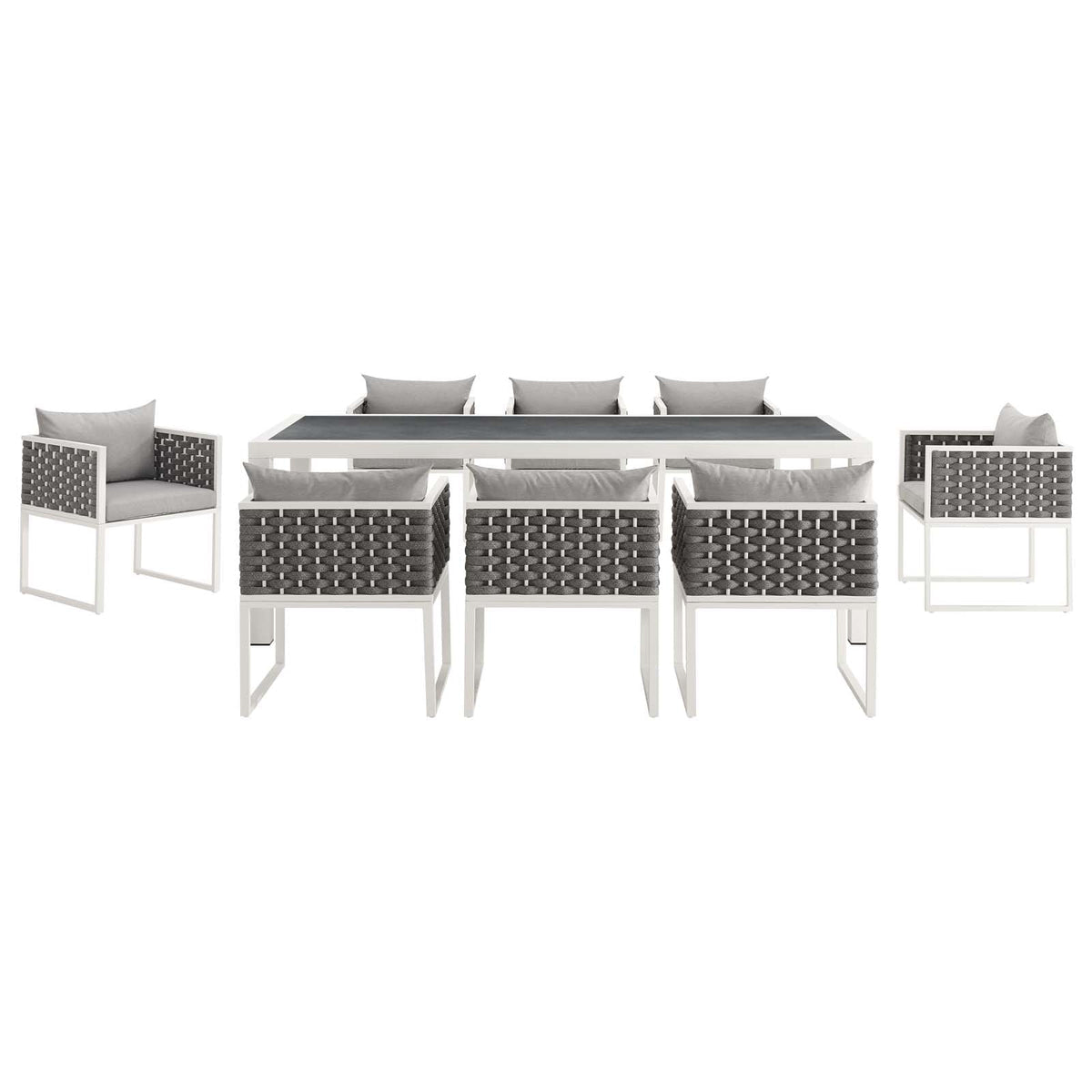 Outdoor furniture set with a table and chairs on a white background