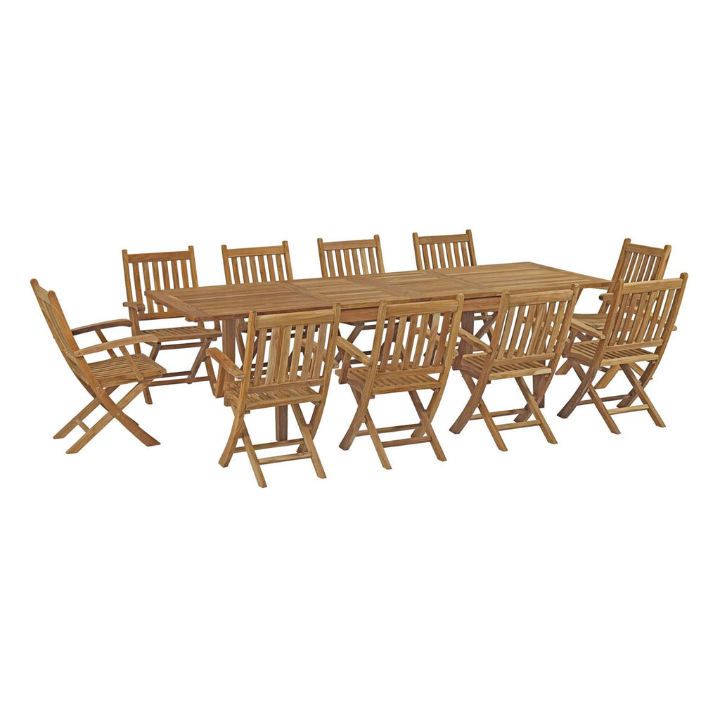 Wooden outdoor dining set with a table and multiple chairs on a white background