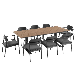 Wooden dining table with black chairs on a white background