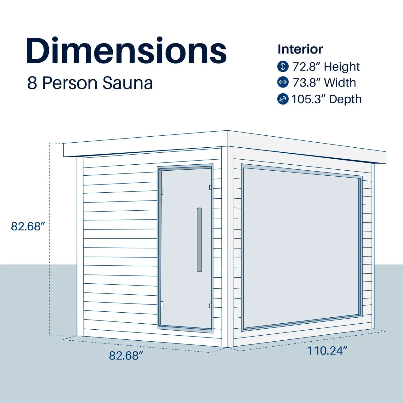 Dimensions of an 8-person sauna with clear measurements on a white background