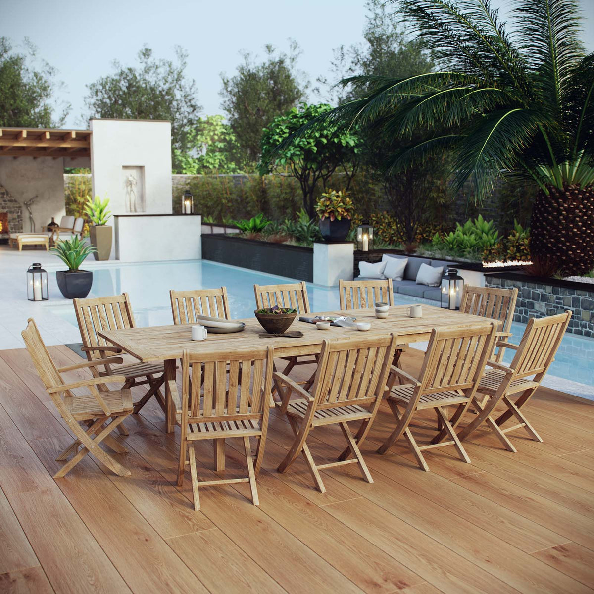 Wooden outdoor dining set with chairs on a wooden deck by a pool.