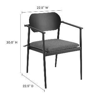 Black chair with gray cushion and dimensions labeled on a white background