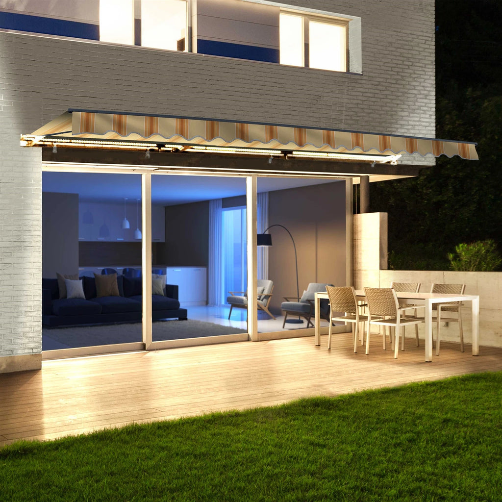 full awning showing with set of dining table and chairs under the awning 