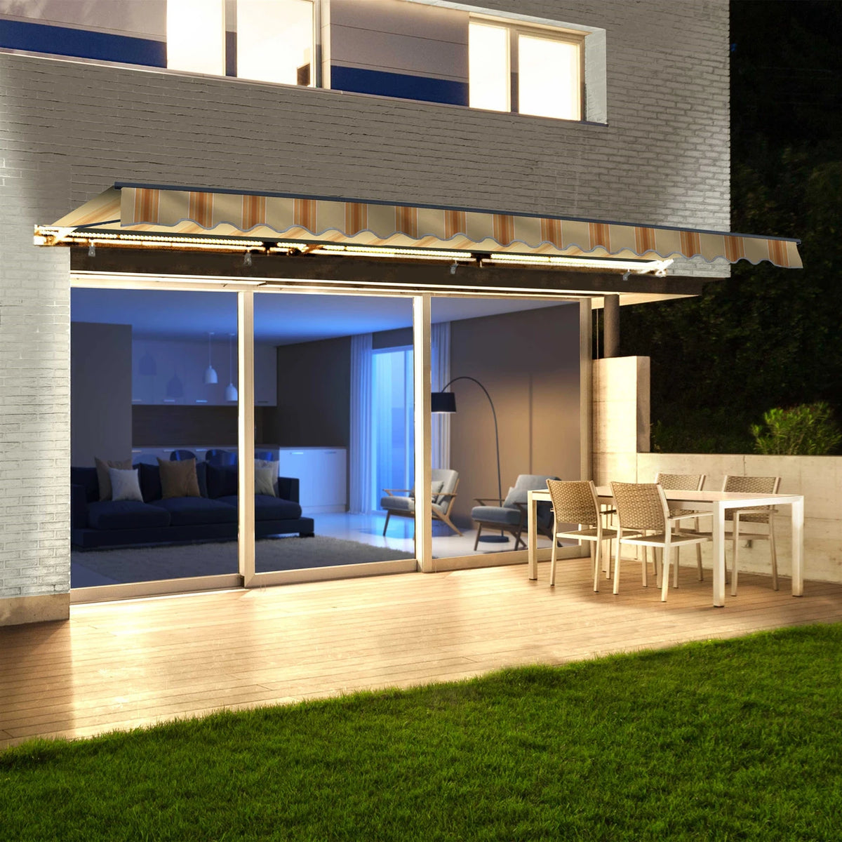 full awning showing with set of dining table and chairs under the awning 