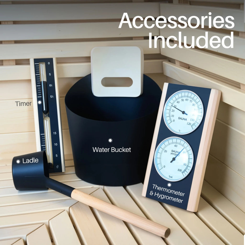 Sauna accessories including a water bucket, ladle, thermometer, and hygrometer on wooden sauna floor.