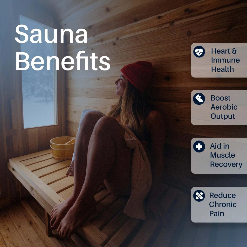 Person sitting in a sauna with text overlay about sauna benefits