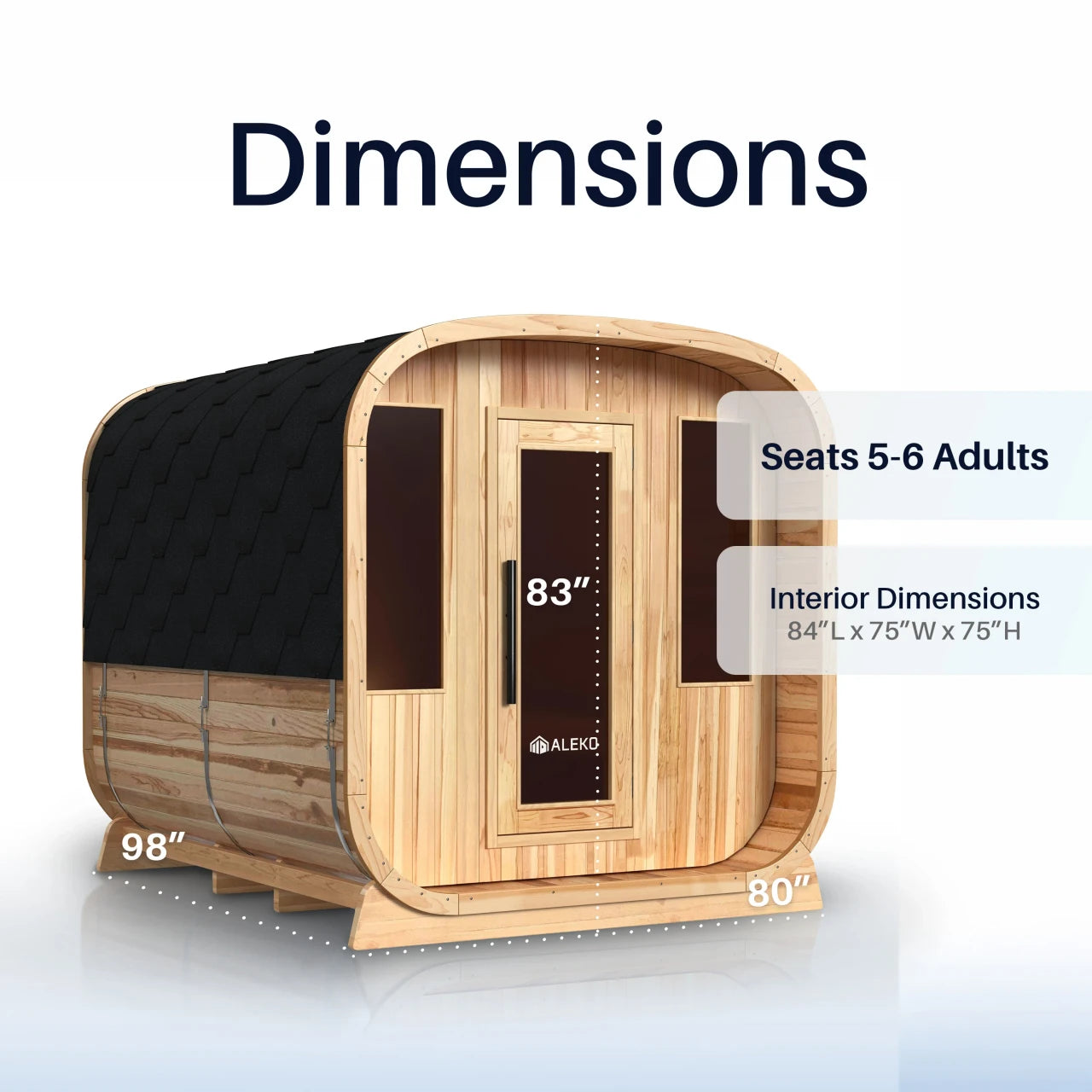 Wooden sauna with dimensions labeled on a white background