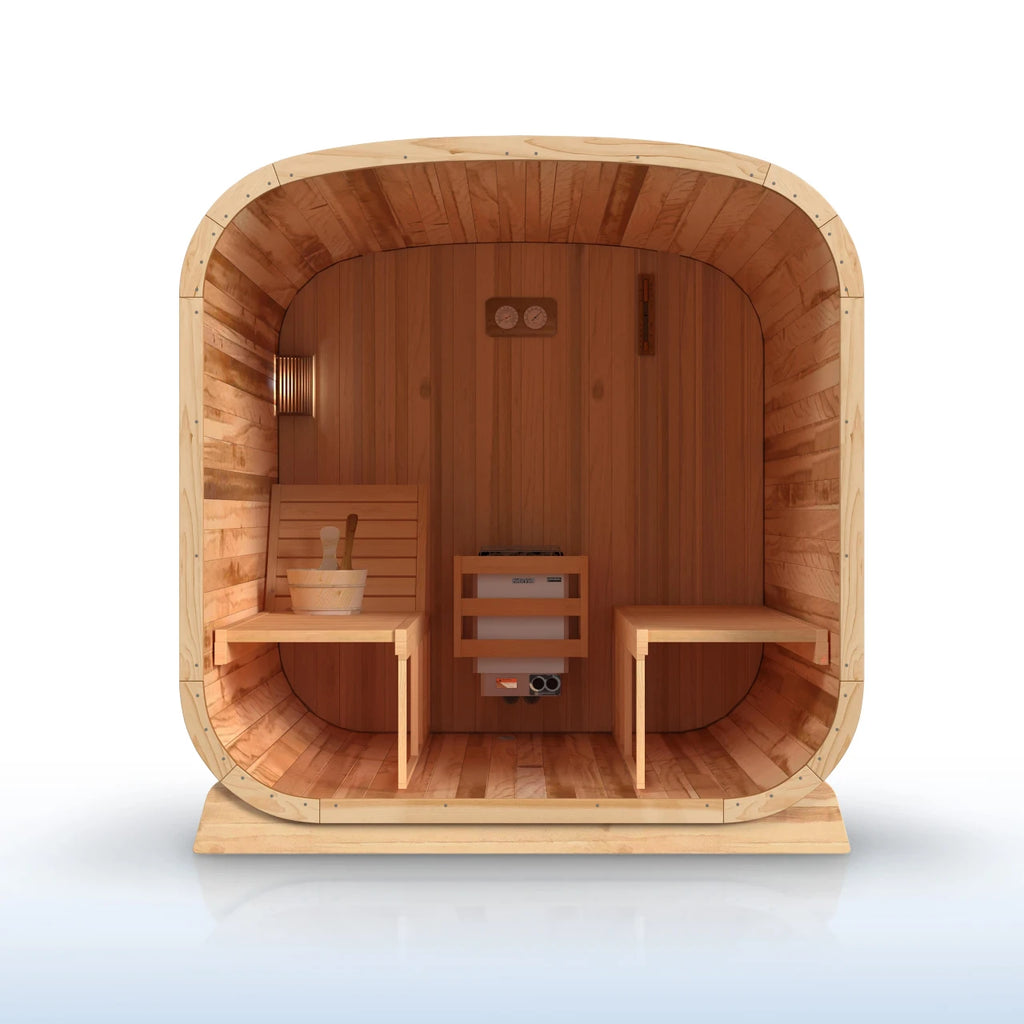 Wooden sauna with interior fixtures on a white background