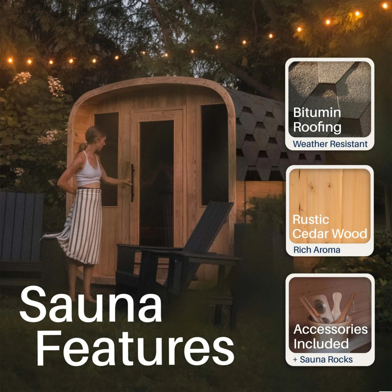Woman standing next to a wooden sauna with features highlighted on the screen.