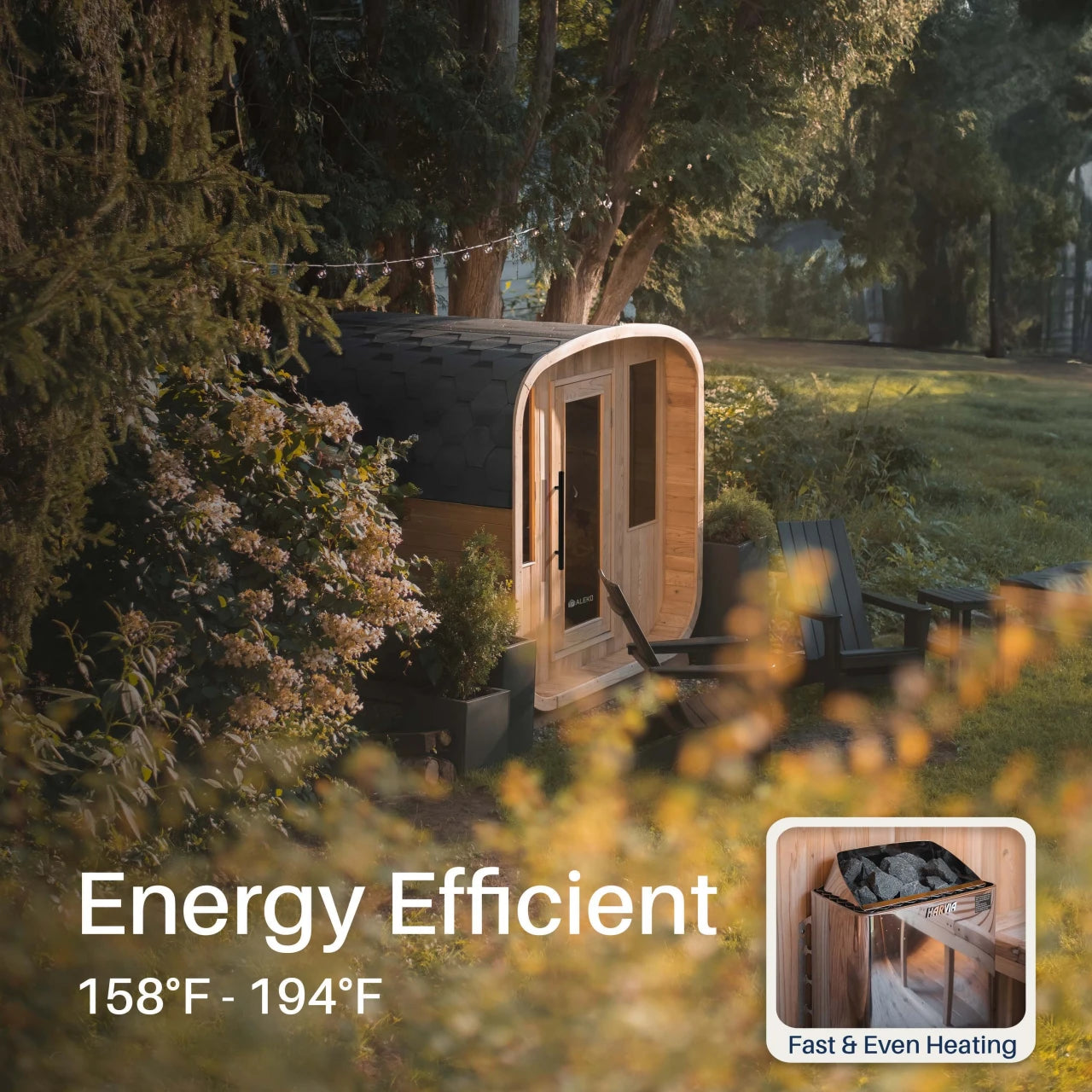 Wooden cabin in a forest with energy efficiency text overlay