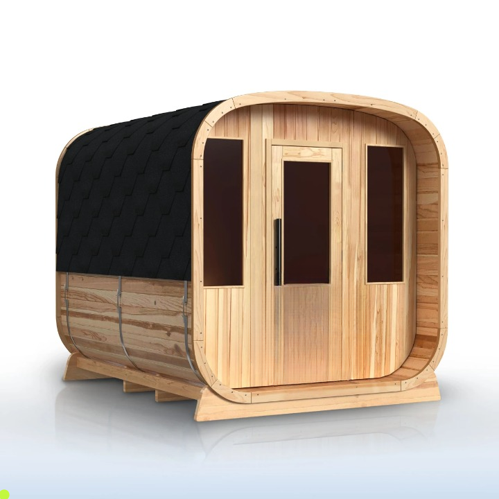 Wooden sauna with black interior on a white background