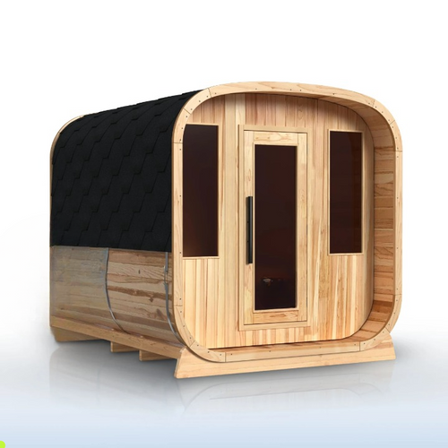 Wooden sauna with black interior on a white background