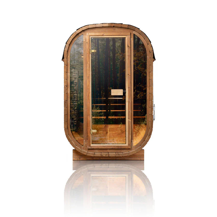 Barrel sauna with glass doors on a white background