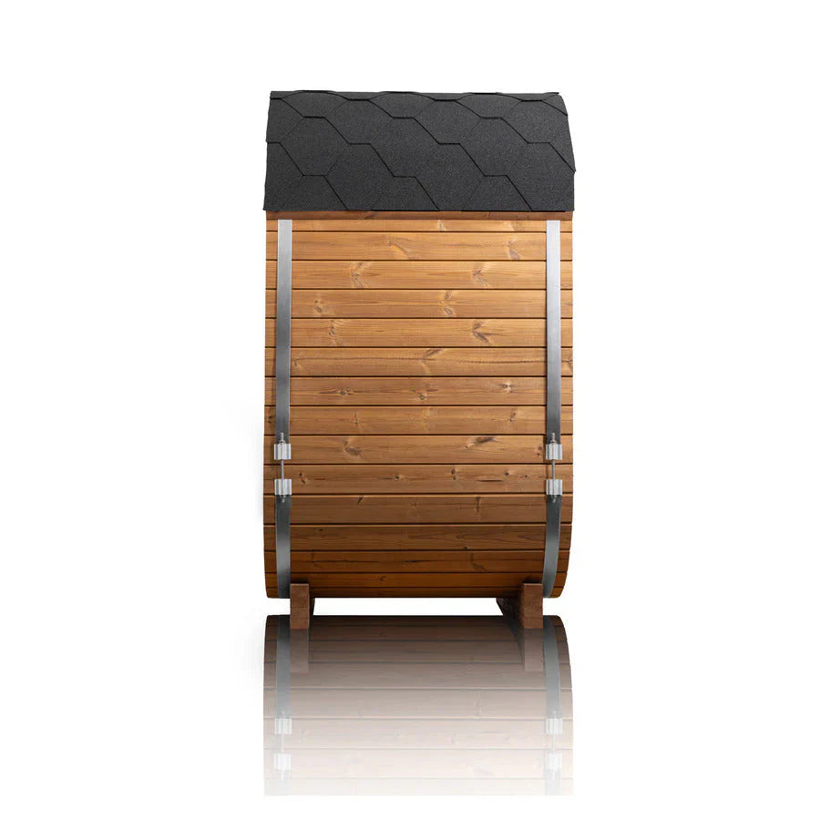 Wooden barrel sauna with a black roof on a white background