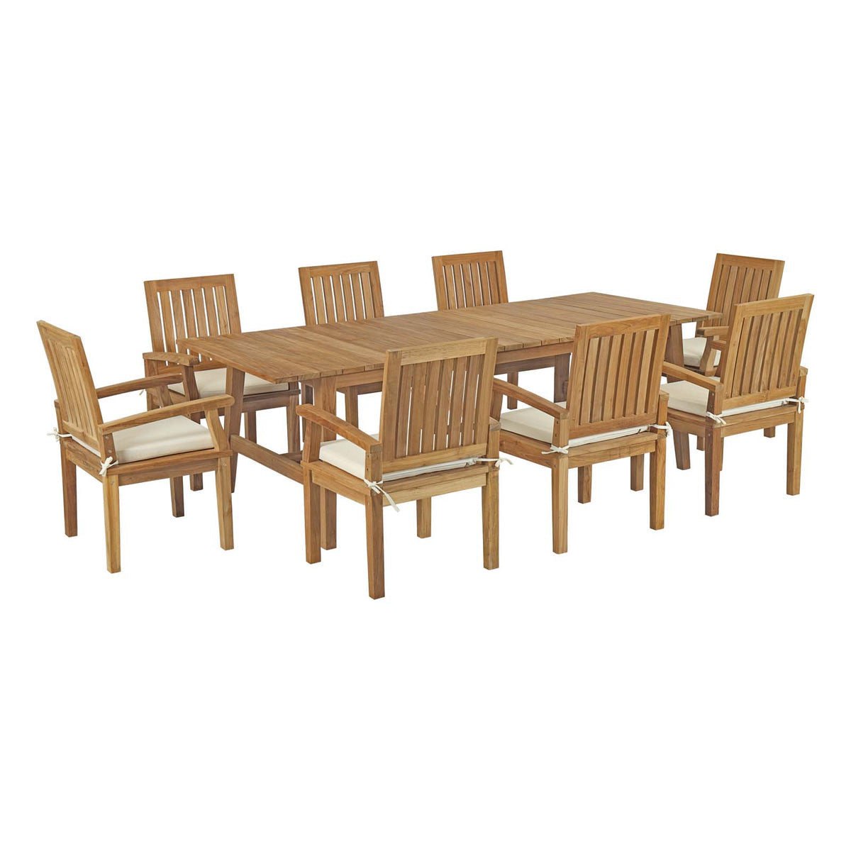 Wooden outdoor dining set with table and chairs on a white background