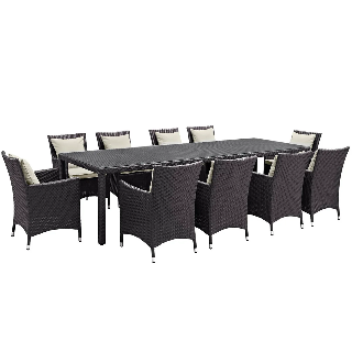 Outdoor furniture set with a rectangular table and eight chairs on a white background